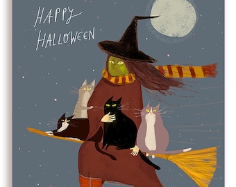 Treat Run- Halloween Card - Cat - Witch - Cat Lady- Cat Mom - Funny Halloween Card