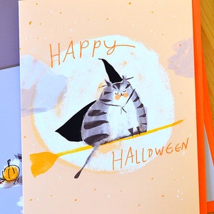 Carte chat d'Halloween - Chat manche à balai