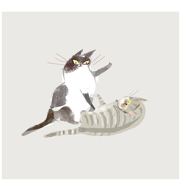 Cat Fight - Fine Art Print - Cat Artwork - Funny Cat Art