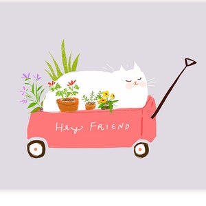 Hey Friend- Wagon Cat Card - Thinking of You- Cat Mom