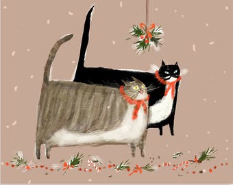 Under the Mistletoe - Christmas Cat Card - Christmas Love Card - Christmas Cat Cards