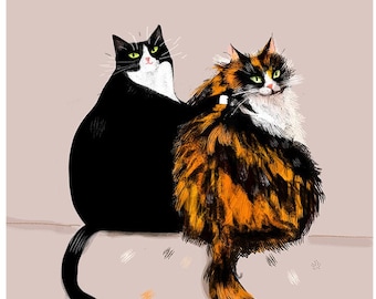 May include: Two cats sitting side by side on a light brown background. The cat on the left is black with white markings and the cat on the right is a calico with orange, black, and white fur. Both cats are looking at the viewer.
