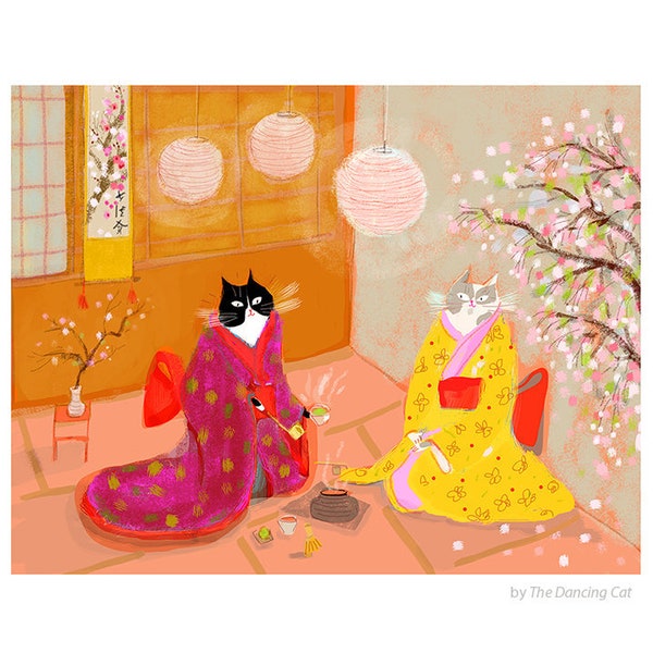 Japanese Tea Ceremony Cats - Cat Painting - Fine Art Print - Matcha