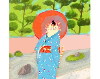 Kimono Cat Print - Zen Garden - Japanese Cat Print- Cat Painting