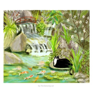 Koi Pond Kitty - Fine Art Print- Cat Art - Garden Cat - Tuxedo Cat