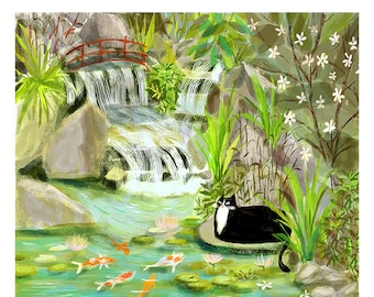 Koi Pond Kitty - Fine Art Print- Cat Art - Garden Cat - Tuxedo Cat