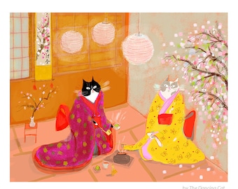 Chats japonais de cérémonie du thé - Peinture de chat - Impression d'art - Matcha