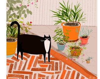 Patio Cat Print- Tuxedo Cat- Cat Painting - Cat Art