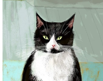 May include: A black and white cat with green eyes stares directly at the viewer. The cat is sitting on a blue surface with a green background.