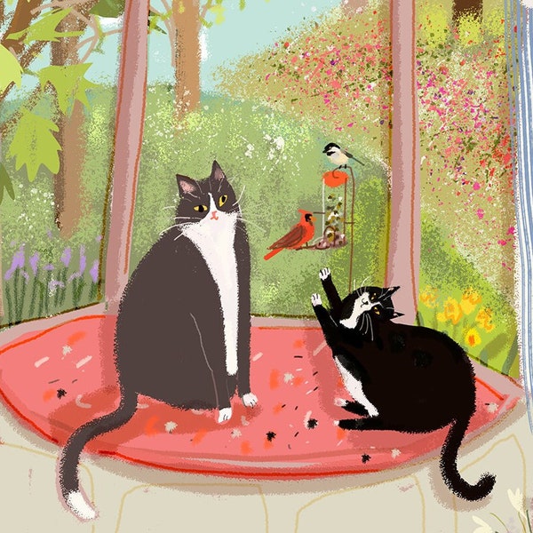 Bird Watchers - Spring Cat Print - Cat Painting - Fine Art Print