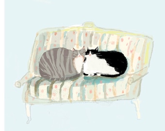 May include: An illustration of two cats resting on a striped sofa. One cat is gray with stripes, and the other is black and white. The sofa has a light blue, pink, and yellow striped pattern. The background is a light blue color. Text at the bottom reads "by The Dancing Cat".