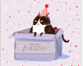 Happy Birthday Cat Card - Birthday Box - Funny Birthday Card