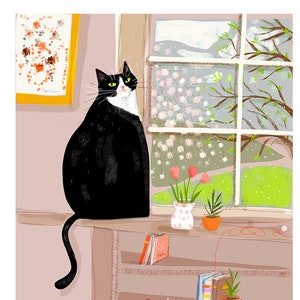 Tuxie Window Cat Print - Cat Painting - Tuxedo Cat