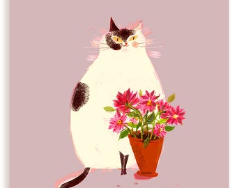 Pink Flowers Cat Print- Cat Art