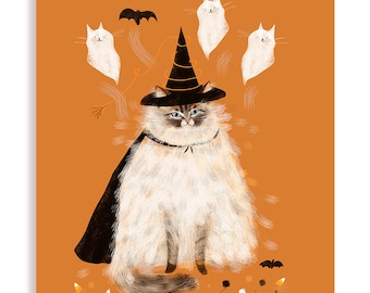 Halloween Kitty- Happy Halloween Cat Card- Kitty Ghosts - NEW