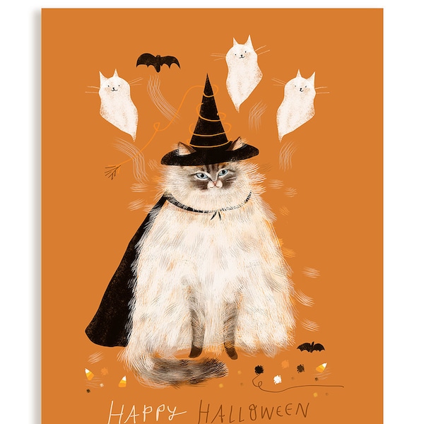 Halloween Kitty- Happy Halloween Cat Card- Kitty Ghosts - NEW