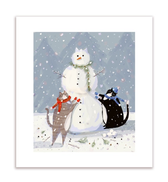 絵画。原画手描き【雪が降る冬、かわいい犬と猫の楽しい写真記念】