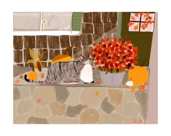 Fall Porch Kitty - Fall Cat Art- That Fall Feeling - Cat Print - Cat Painting - Fall Art - Cat Lover