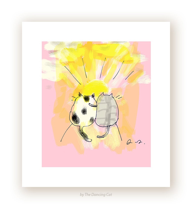 Freundschaft Katze Druck - Sommer-Kunst - Sonnenuntergang - Katze Kunst - Katze Geschenk