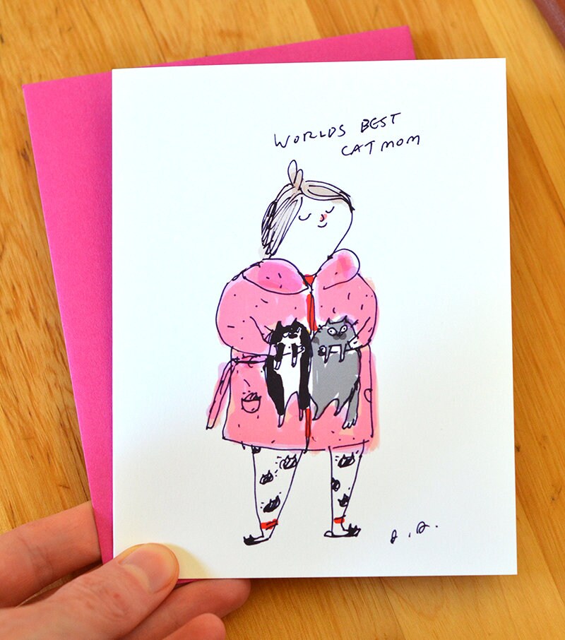 Worlds Best Cat Mom Card - Pink Robe - Mother's Day Card- Crazy C…