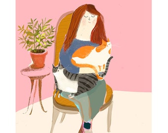 Purrs and Good Thoughts Cat Lady Print- Cat Art - Cat Painting