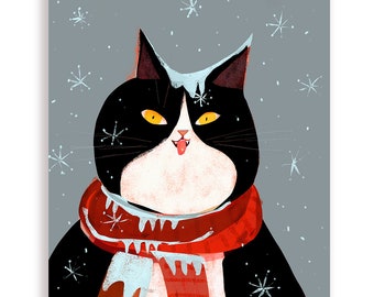 Snow Cat Holiday Card- Tuxedo Cat Card - Season's Greetings - Christmas Cat Card