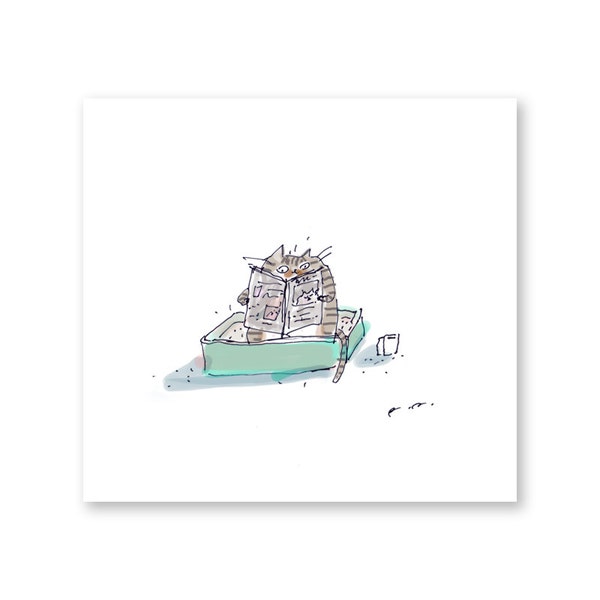 Quality Toilet Time - Striped Tabby Cat Version - Funny Cat Art- Art for Bathroom