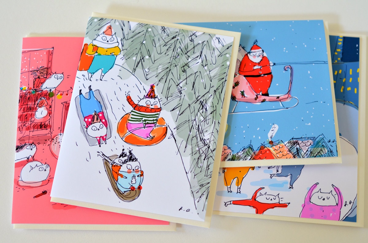 Classic Christmas Cards- Mixed Set of 5 - Christmas Cat Cards