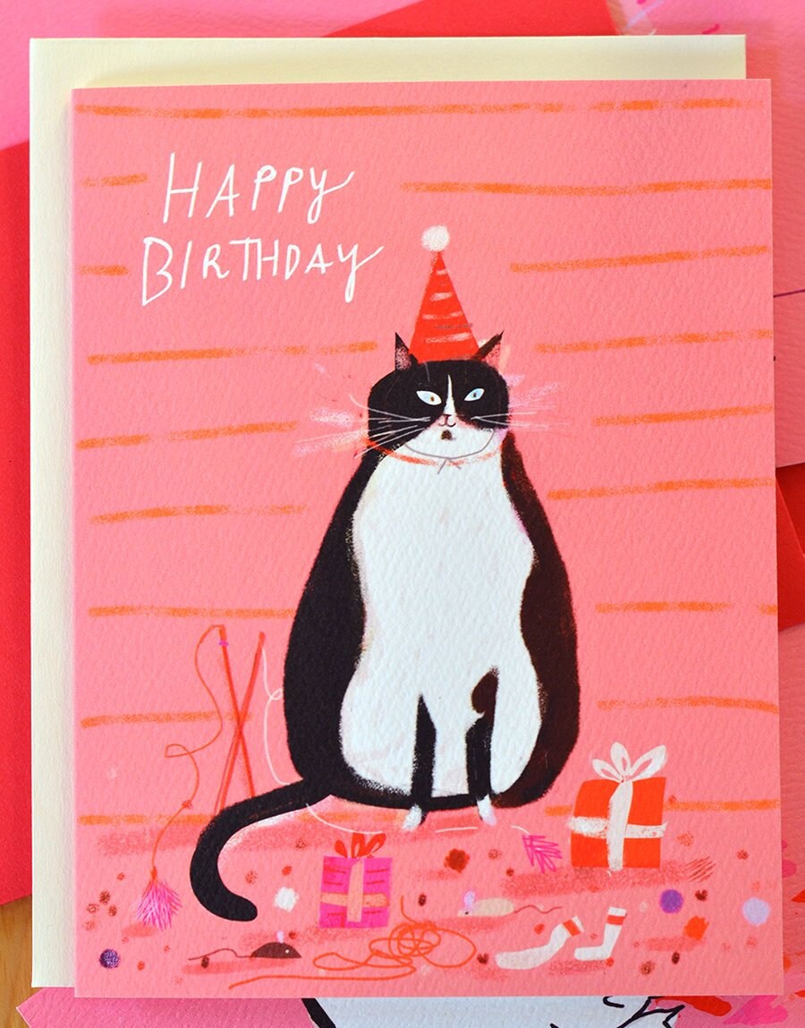 Happy Birthday Cat Card - Bday Gifts - Tuxedo Cat