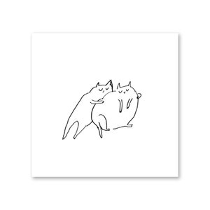 May include: A black and white line drawing of two cats cuddling. The cat on the bottom is larger and rounder than the cat on top.
