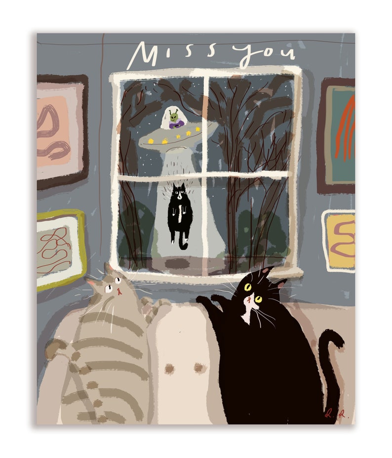 Miss You Cat Card UFO Cat The Abduction Funny Cat Card image 1