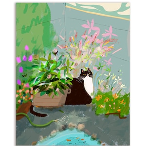 Backyard Bliss Cat Card - Garden Cat - Tuxedo Cat Blank Card - Happy Cat Card