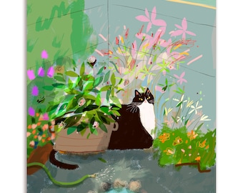 Backyard Bliss Cat Card - Garden Cat - Tuxedo Cat Blank Card - Happy Cat Card