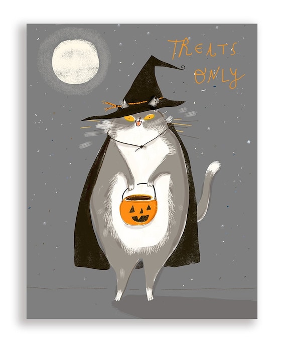 Treats Only Halloween Card Funny Halloween Cat Card Etsy