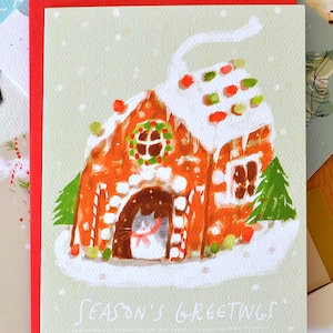 Carte de voeux de Noël - Chat de Noël - Maison en pain d'épice - Carte de chat