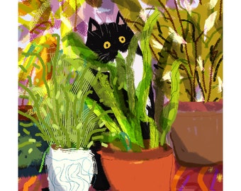 Puede incluir: Un gato blanco y negro con ojos amarillos asoma desde detrás de una planta en maceta. La planta está en una maceta de terracota y está rodeada de otras plantas en macetas blancas y marrones. Las plantas están sobre un mantel de rayas rojas y naranjas.