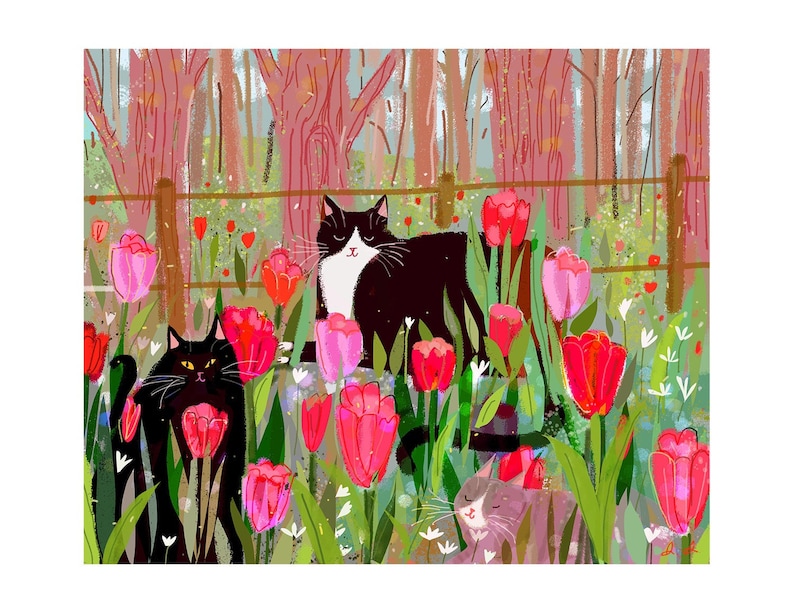 Tulip Cats Spring Cat Print Cat Painting Fine Art Print Etsy