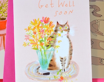 Get Well Soon Cat Card - Gato Flor - Tarjeta Divertida para Gato