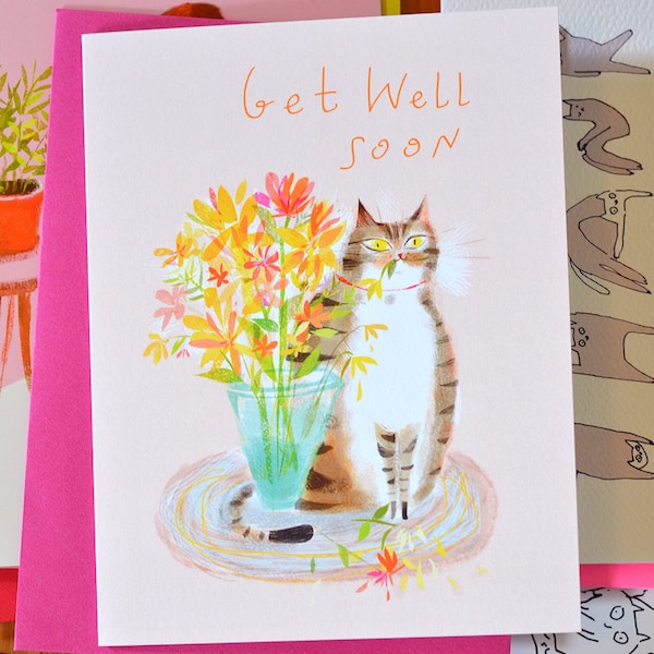 Get Well Soon Cat Card - Flower Cat - Funny Cat Card