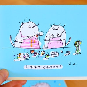 Tarjeta de Pascua - Pintura de huevos de Pascua - Tarjeta de Pascua divertida - Tarjeta de Pascua del gato - El gato bailarín