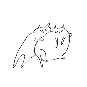May include: A black and white line drawing of two cats hugging each other. The cat on the left is thin and the cat on the right is round.