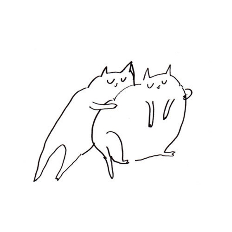 May include: A black and white line drawing of two cats hugging each other. The cat on the left is thin and the cat on the right is round.