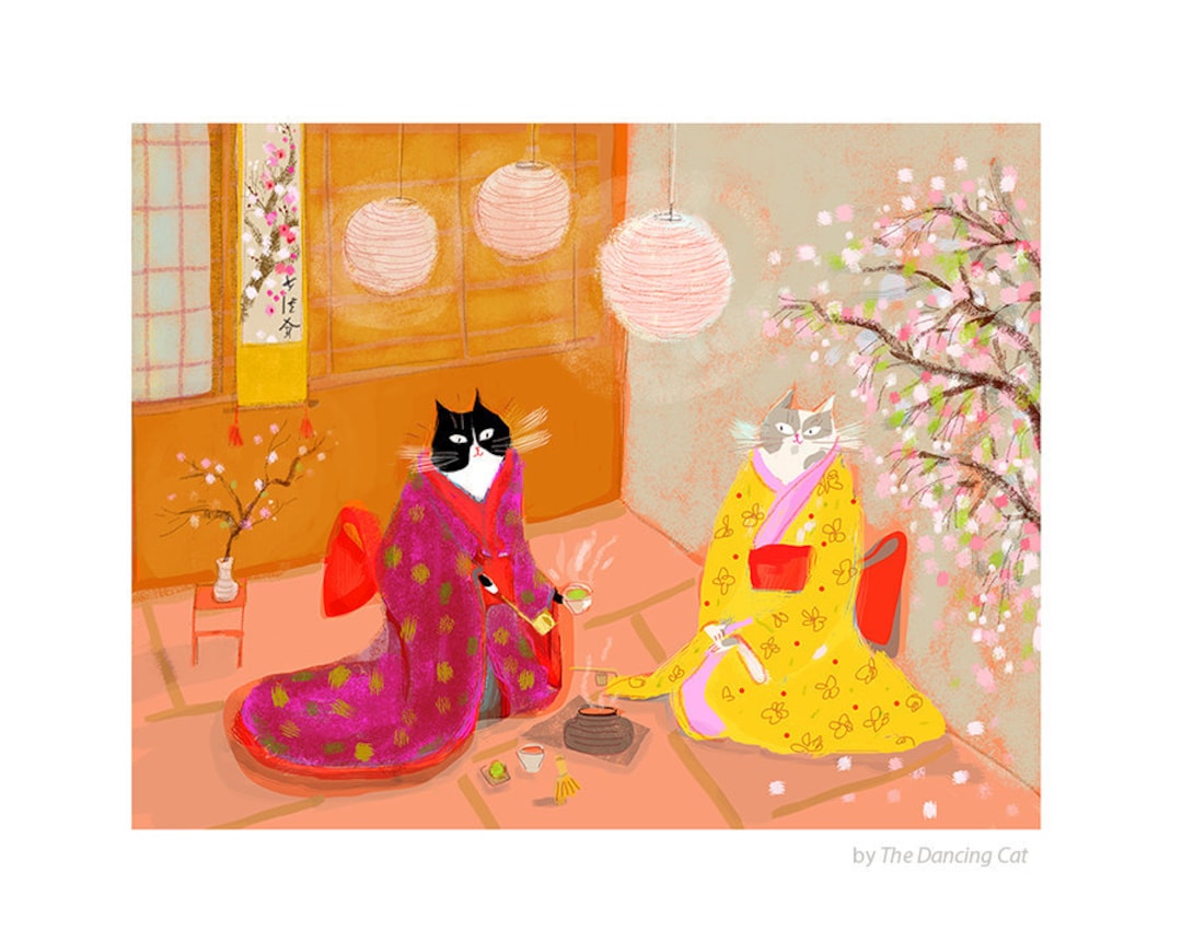 絵画。原画手描【シャム猫たちはデート記念日のためにさくらんぼケーキを用意した】 猫（シャ）のアートで世界をハッピーに！フランスのストリート