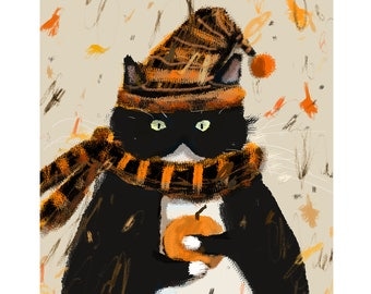 Baby Pumpkin Cat Print - Fall Art