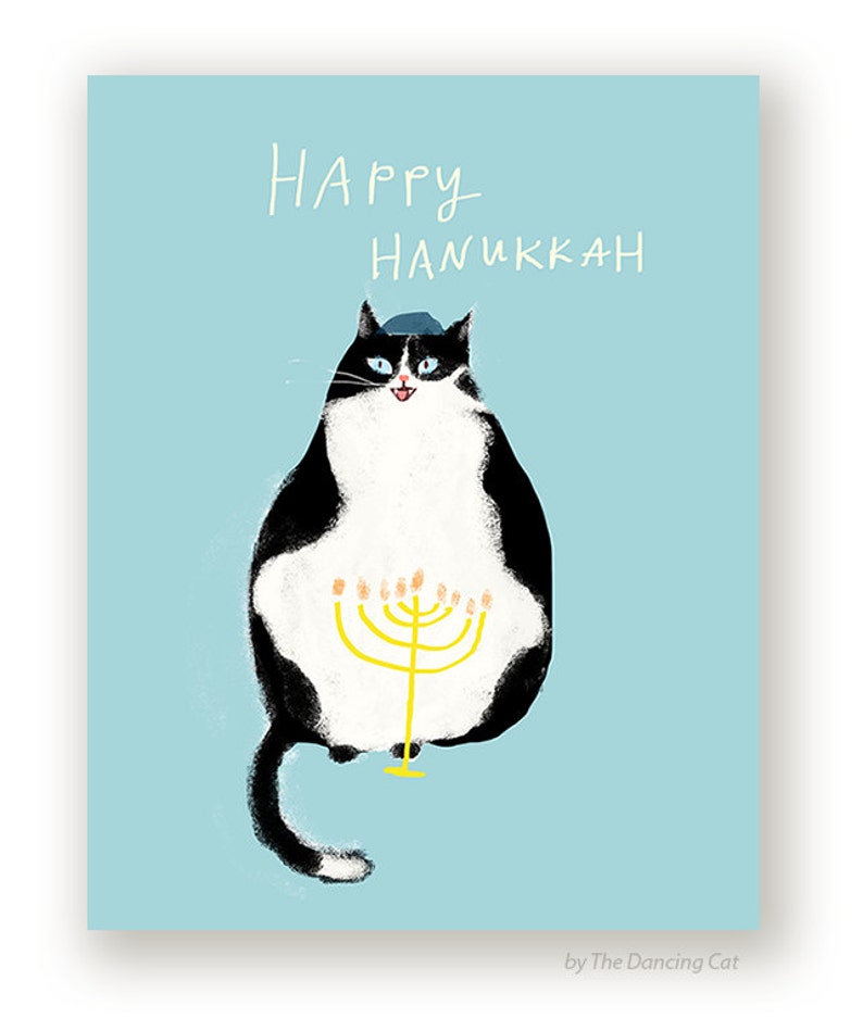 Happy Hanukkah Card Hanukkah Cat Card Black & White Cat image 1