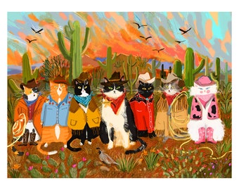 Cowboy Cats Print - Howdy Pawtner - Limited Edition Print - Cat Art - Western Art