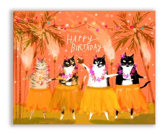 Tiki Birthday Cat Card - Luau Cats - Cat Birthday Cat Card