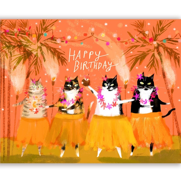 Tiki Birthday Cat Card - Luau Cats - Cat Birthday Cat Card