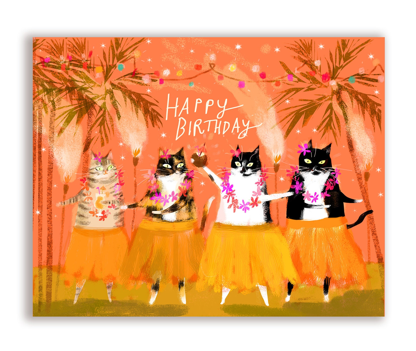 Tiki Birthday Cat Card - Luau Cats - Cat Birthday Cat Card