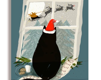 Waitin' for Santa - Christmas Cat Card - Black Cat
